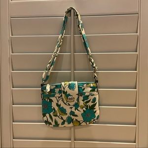 Merona Turquoise and Off-White Floral Purse with Shoulder Strap and Front Clasp